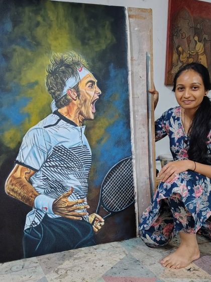 Another photo with the completed Roger Federer portrait. This large canvas is meant to be a powerful statement piece for any fan of tennis and the sporting spirit.