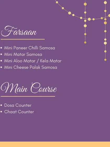 No party is complete without Farsaan and a live counter. We offer a variety of mini samosas and can set up live Dosa or Chaat counters to entertain and feed your guests.