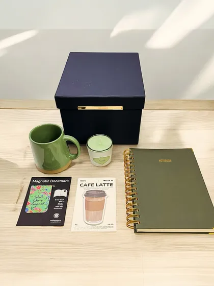 Our 'Matcha Mornings' gift set is like a gentle start to the day, all packed in a beautiful box. It includes our Sequoia notebook, a ceramic mug, a cozy musk candle, and other little treasures. We curate these sets to feel like a complete, thoughtful experience.