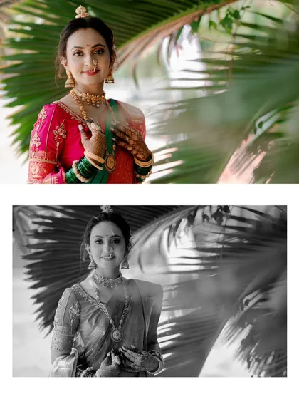 A diptych of the bride's portraits, one in color and one in black and white, both framed by natural palm leaves for an artistic effect.