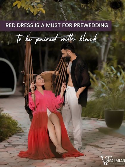 A red dress is a must-have for a pre-wedding shoot, symbolizing love and passion. Here, it's paired with a casual black shirt for the groom, creating a look that is both relaxed and incredibly romantic.