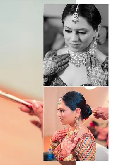 A collage of the bride's getting-ready moments, focusing on her jewelry. These detail shots in both color and black and white highlight the intricate craftsmanship of her necklace and earrings.