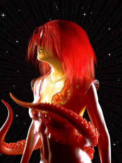 An early piece where I experimented with a retro sci-fi style. The image shows a figure with red hair being consumed by tentacles against a starry background, blending sci-fi and body horror.