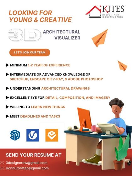 Kites Design and Construction in Bangalore is looking for a young and creative 3D Architectural Visualizer with 1-2 years of experience.