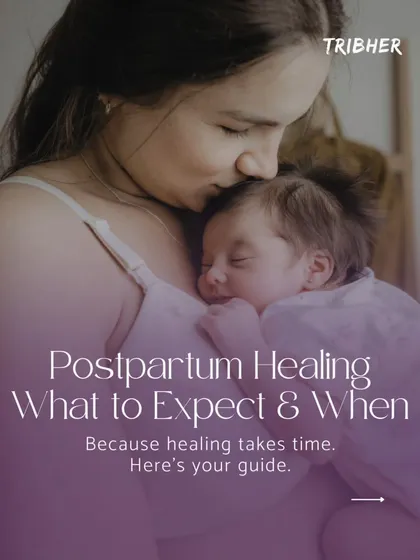 This cover image introduces our guide to postpartum healing, "What to Expect & When." It sets a tone of gentle, informed recovery, reminding you that healing takes time.