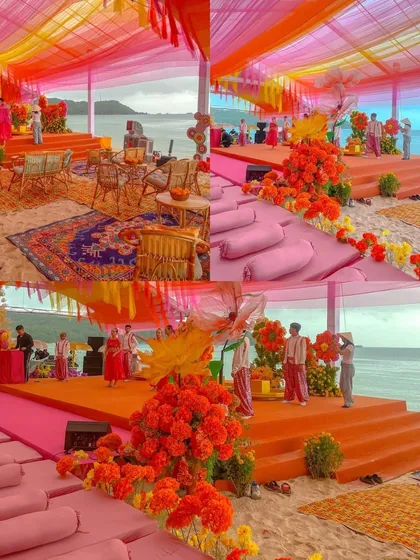 A collage showing various seating arrangements at a colorful beachside mehendi. The decor features multi-level seating, vibrant rugs, and a bright pink and orange color scheme.