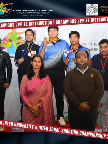 The prize distribution ceremony at the All India Inter University & Inter Zonal Shooting Championship, an event we proudly organized at the Dr. Karni Singh Shooting Range.