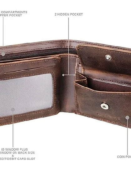 An inside look at the functional design of our bifold leather wallet. This annotated image displays the dedicated compartments, including multiple card slots, a transparent ID window, a secure coin pocket, and zippered currency sections.