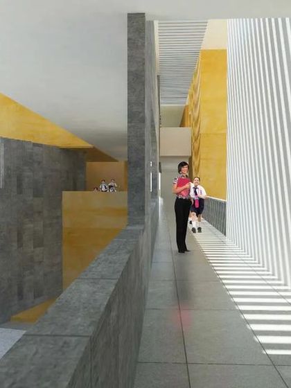 A sunlit corridor within the school design. I used vertical louvers on one side to filter natural light, creating a rhythmic play of light and shadow along the main circulation path while ensuring a bright and airy passage.