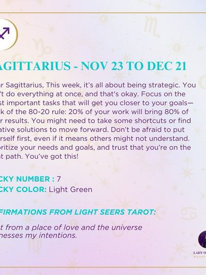A strategic weekly message for Sagittarius, focusing on the 80-20 rule to maximize results. My guidance often includes practical strategies to help you prioritize your goals effectively.