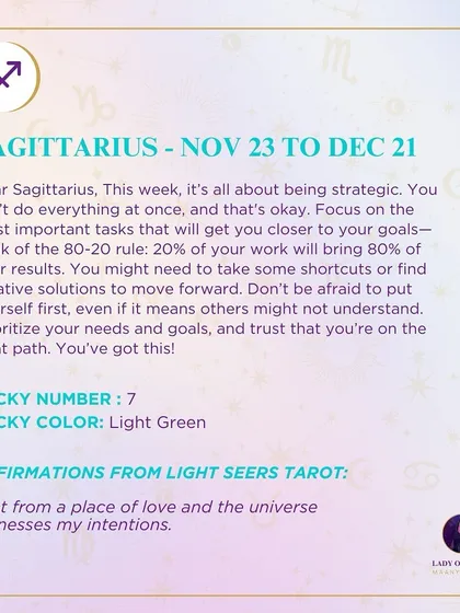 This week's tarot guidance for Sagittarius. The message is about being strategic and focusing on the 20% of your work that will bring 80% of your results.