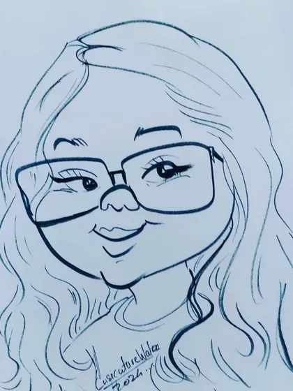 A brand new drawing. This caricature of a woman with long hair and glasses has a sweet, gentle look.