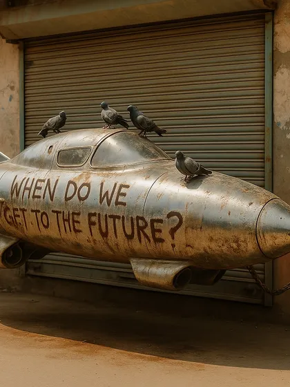 A rusty, abandoned spaceship is graffitied with the question, 'WHEN DO WE GET TO THE FUTURE?'. This piece captures a sense of cynical hope, a key theme in my work that questions our slow progress towards a promised future.