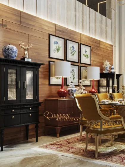 This classic dining area combines traditional furniture with modern architectural elements. The rich wood paneling and ornate chairs create a warm and formal atmosphere.