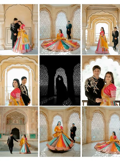 A beautiful collage of Shekar and Shreyarani at Amer Fort. The bride's multi-colored lehenga creates a stunning visual, especially in the twirling and silhouette shots.
