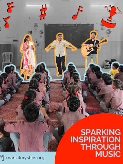 Our fellows lead a large group of students in an interactive music session. The graphic "Sparking Inspiration Through Music" perfectly describes our goal for every school workshop.
