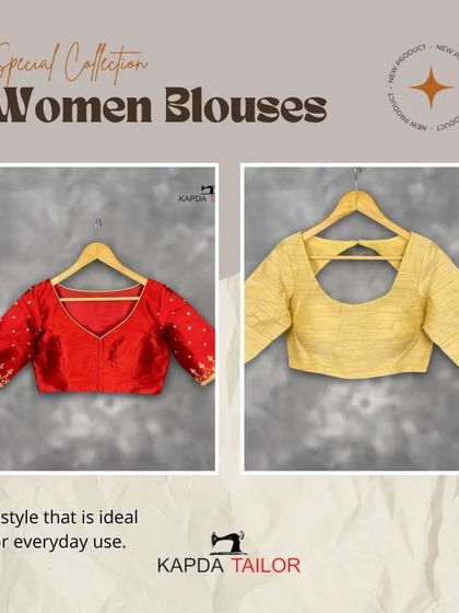 A special collection of women's blouses. This graphic showcases two of my designs, a festive red piece and a classic yellow one, both ideal for everyday use.
