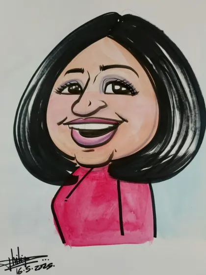 A close-up color portrait. The pink top and lipstick really stand out in this drawing.