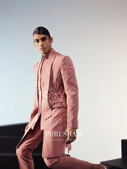 The full silhouette of this peach-infused ensemble. The longline jacket with its asymmetrical hem and subtle embroidery is a perfect example of my modern heirloom philosophy.