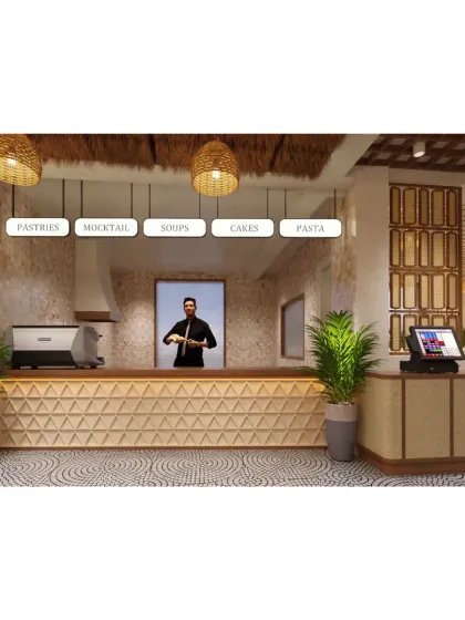 The counter area of a cafe with a bohemian, natural aesthetic, featuring woven light fixtures and a textured front panel.