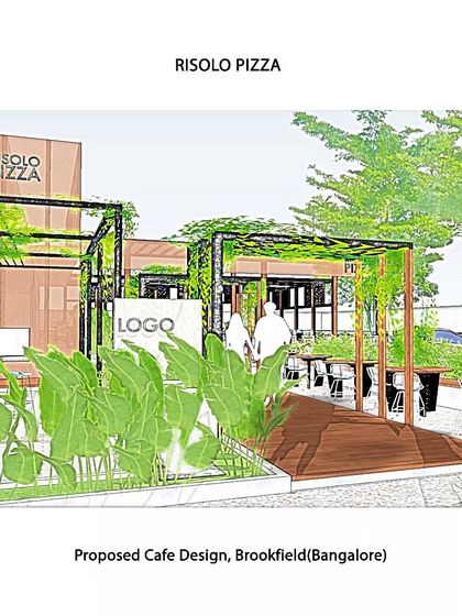 The landscape design for Risolo's Pizza focuses on outdoor seating within lush green bushes. The concept is for an open-air café that keeps diners close to nature, with pergolas providing shade and structure.