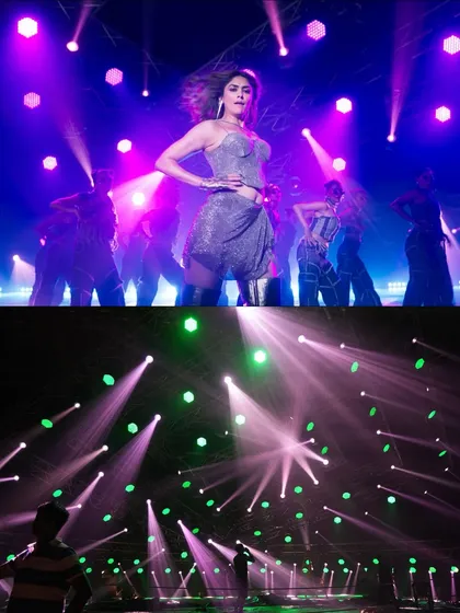 Actress Mrunal Thakur performing in the "Po Po Song". The lighting setup shown below, with its mix of pink and green hues, was designed to complement the choreography and costumes, creating a visually cohesive scene.