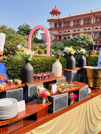 Our dessert stations are designed to be a stunning focal point. This outdoor setup for a garden event features a variety of bite-sized desserts, beautifully displayed to invite guests for a sweet conclusion.