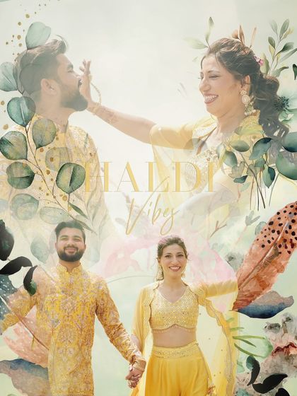 An artistic and whimsical Haldi portrait. The couple is framed by watercolor-style illustrations, creating a unique and personalized piece of art.