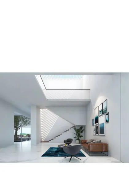 A render of the Koba House, a country home by the Sabarmati river. We envision big, white spaces that frame expansive views, with dramatic skylights that make light the true showstopper.