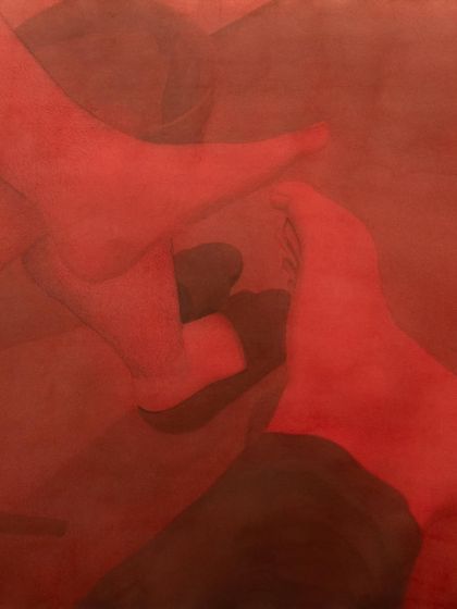 'Flat Foot', a watercolor by Lakshya Bhargava, shown at the Seattle Art Fair. The piece explores moments of tenderness, desire, and chosen families through intimate gestures.