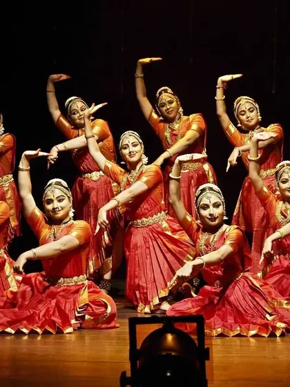 A powerful group formation from a performance for an ICCR cultural evening. Choreographing for a troupe involves creating visually stunning patterns and ensuring perfect synchronization, bringing a shared story to life.