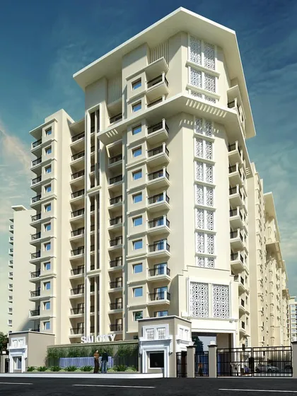 The residential tower designed as part of the 2.1 million square foot Patna development. The facade incorporates traditional 'jali' patterns and recessed balconies to provide shade and privacy for residents.