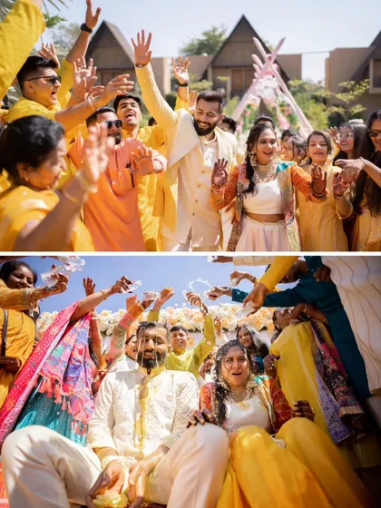 A collage of high-energy moments from the Haldi celebration, from the couple's grand entrance to being lifted up by friends and family.