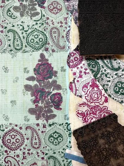 A flat lay showing the combination of vintage blocks and fabric swatches for a summer kota saree. We love mixing timeless floral and paisley prints to create a unique and dreamy aesthetic.