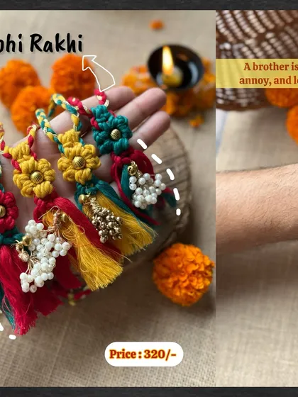 We go all out for Indian festivals. Our handmade macrame Rakhis for Raksha Bandhan are a perfect example. This colorful design is a 'Bhabhi Rakhi', specially crafted to celebrate the whole family. We make them with eco-friendly cotton cords.
