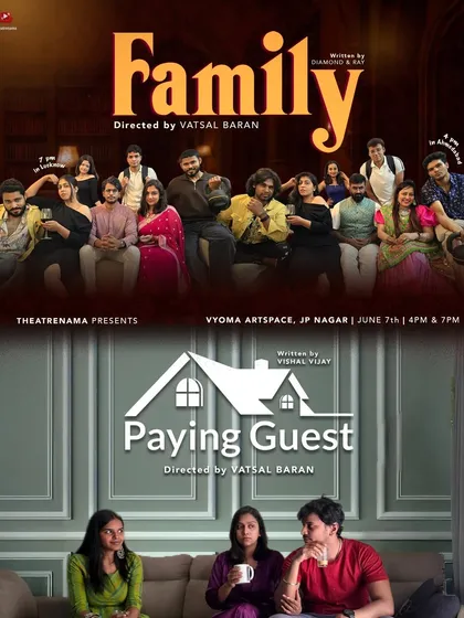 A double feature! The poster for Theatrenama's "Family" and "Paying Guest," two captivating stories about relationships and secrets in one evening.