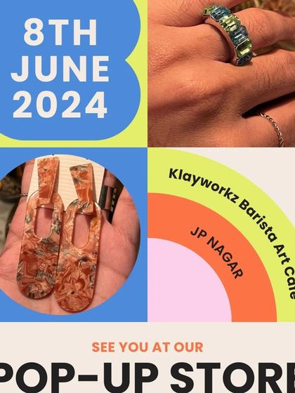 A colorful poster for our pop-up store event, highlighting some of the unique jewelry pieces available from participating local brands.