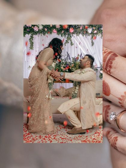 A creative shot of an engagement proposal, framed within the bride's mehndi-adorned hands, telling a story within a story.