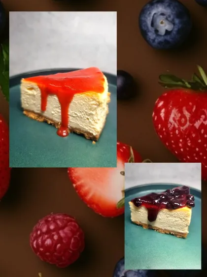 A collage showcasing our new NYC-Style Cheesecake slices. You can enjoy the classic creamy texture with either a luscious strawberry or a rich blueberry topping.
