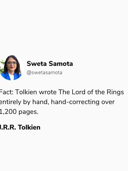 A tweet-style graphic: "Fact: Tolkien wrote The Lord of the Rings entirely by hand, hand-correcting over 1,200 pages." A reminder that consistency, not tools, builds a masterpiece.