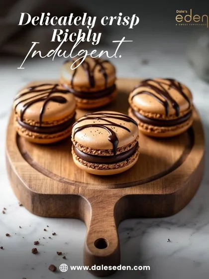 A closer look at the elegance of our handcrafted chocolate macarons. Each bite is a moment of bliss.