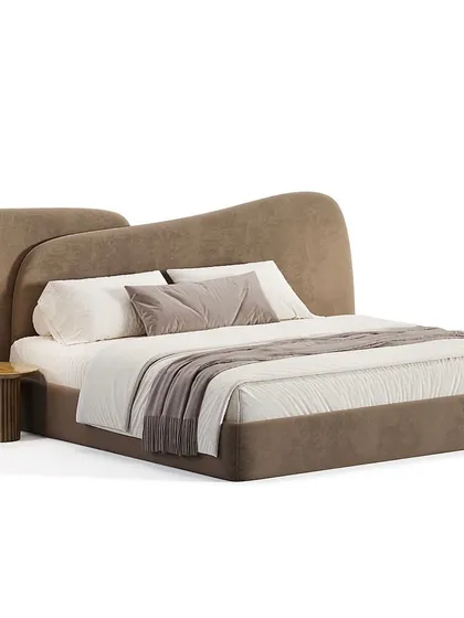 The beauty of organic curves. This bed features a fluid, wave-like headboard upholstered in a rich, earthy fabric, creating a sense of comfort and style that is both modern and serene.