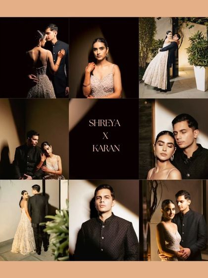 A mood board of editorial-style portraits from a modern Sangeet, showcasing the couple's magnetic chemistry and sophisticated style.