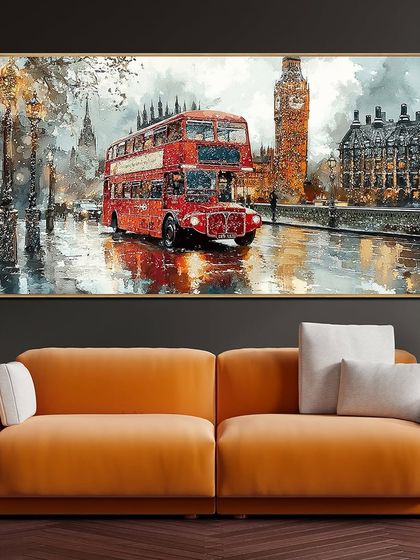 This painterly depiction of London features a classic red double-decker bus on a rainy day, with Big Ben in the background. The crystal embellishments mimic the look of glistening rain, adding a unique texture to the scene.