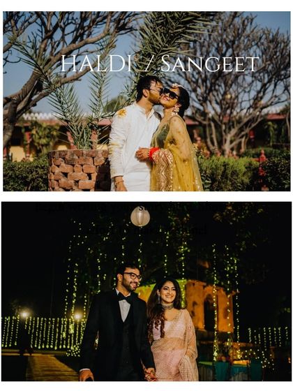 A collage from Jyotsna and Prateek's Haldi and Sangeet, showing the contrast between the sunny, colorful day event and the glamorous, lit-up night.