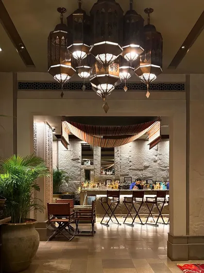 The grand entrance to the bar at Loya. This shot establishes the sense of arrival and the luxurious, heritage feel of the space before you even take a seat.