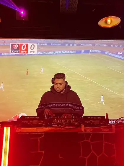 Another angle of the NYE setup, with the live game screen in the background before the party kicks off. I can integrate visuals to fit any event theme.