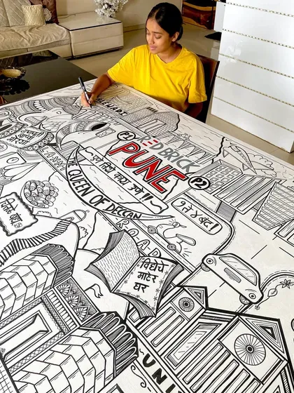 A tribute to my hometown, Pune. This large scale doodle mural, created for a corporate office, captures the city's landmarks and spirit in a fun, illustrative style.