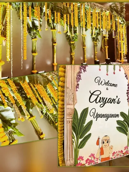 A custom welcome sign and decor for Avyan's Upanayanam ceremony. The design incorporates traditional elements like marigold garlands and banana leaves with a personalized, illustrated welcome board.