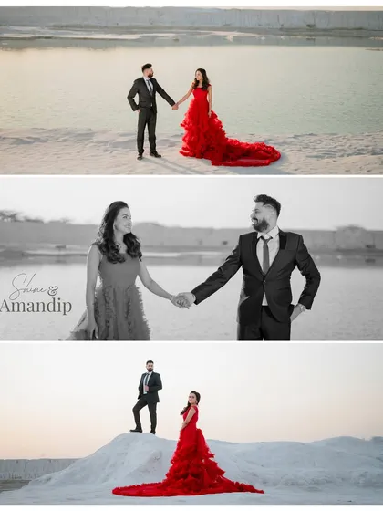 A collage of Amandip and Shine Kaur's shoot at the white dunes. The bride's red gown adds a bold splash of color to the minimalist landscape, perfect for creating dramatic pre-wedding portraits.